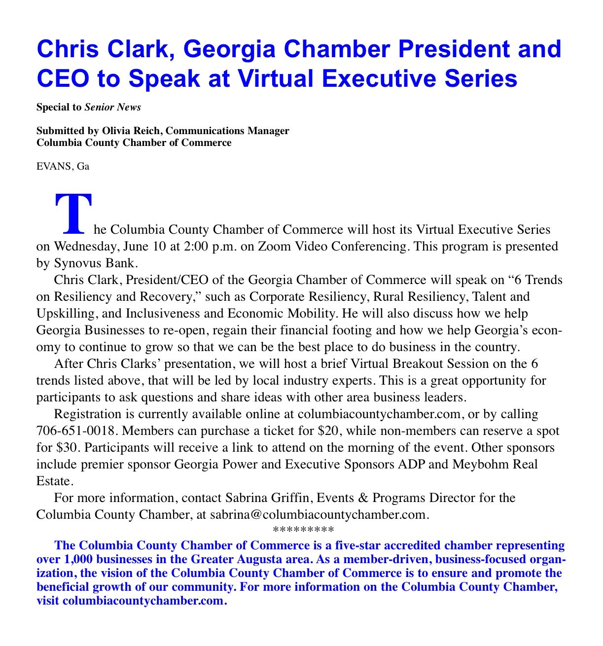 Chris Clark, Georgia chamber president and CEO to speak at virtual executive series