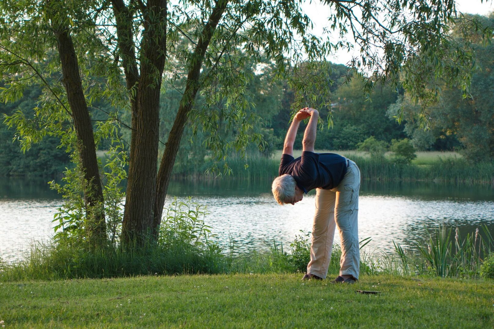 Person stretching by a lakeside tree.