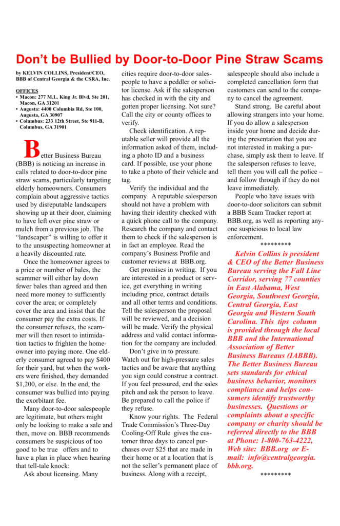 Article on avoiding pine straw scams.