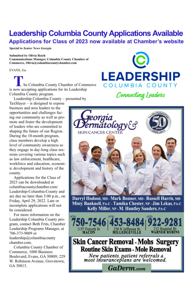 Leadership Columbia County applications and dermatology ad.
