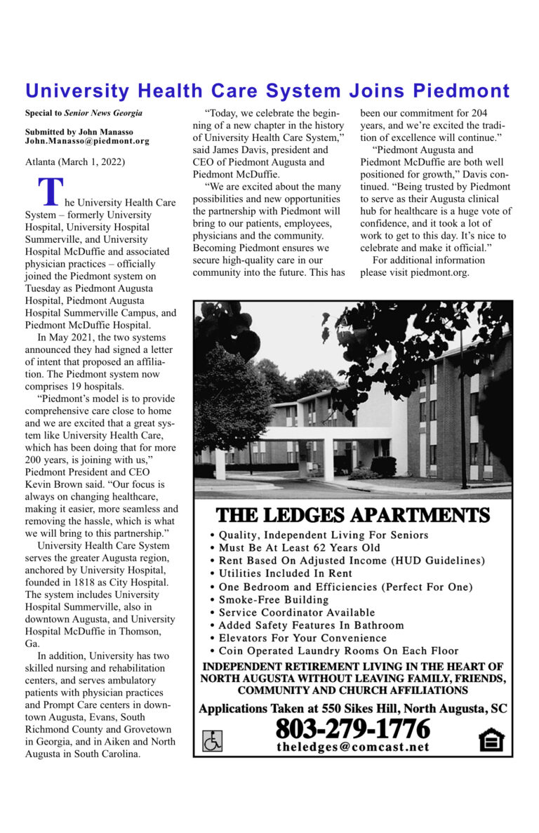 University Health Care System announcement with apartments ad.