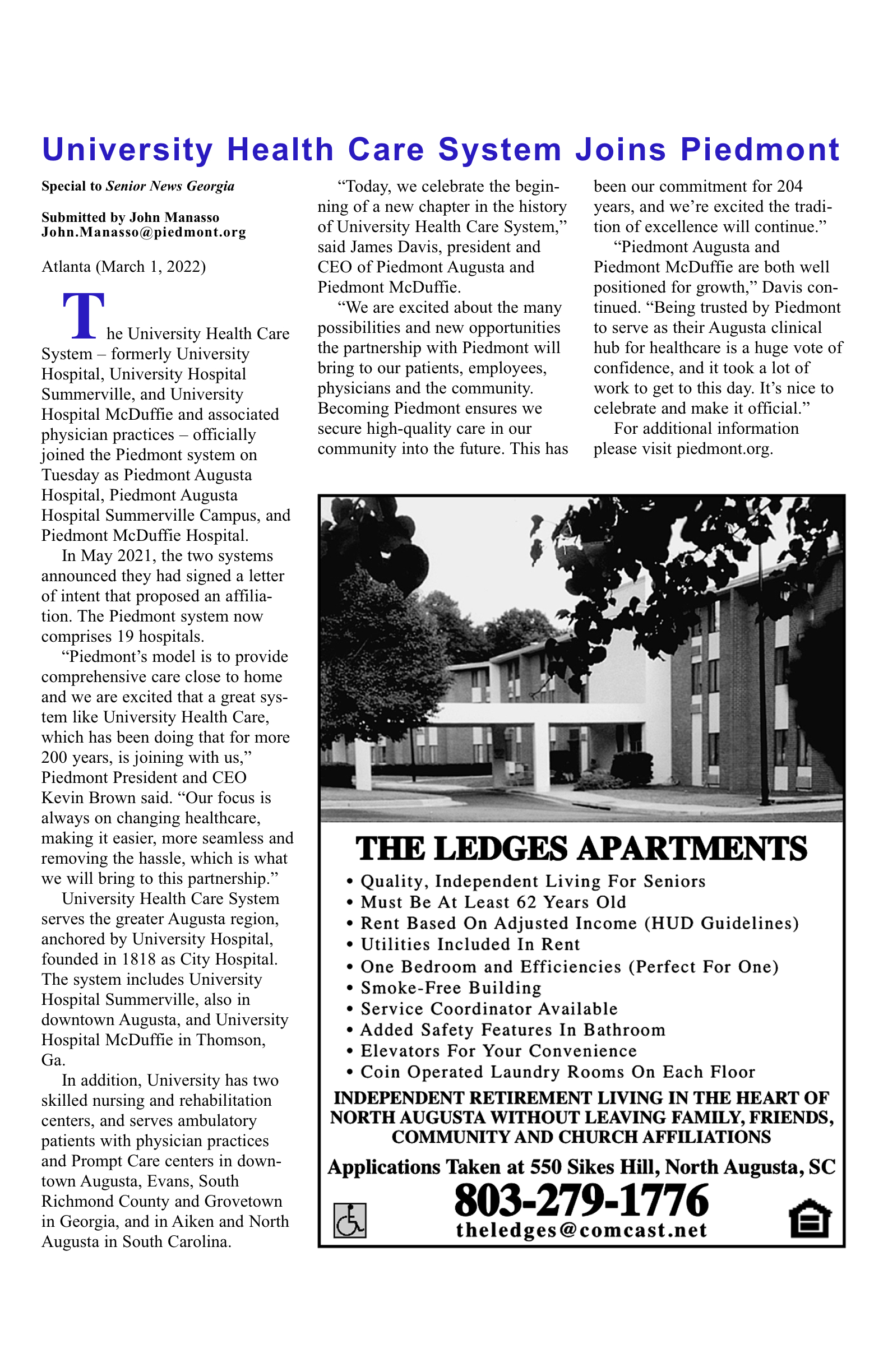 University Health Care System announcement with apartments ad.