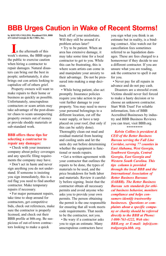 Magazine article about storm-related caution advice.