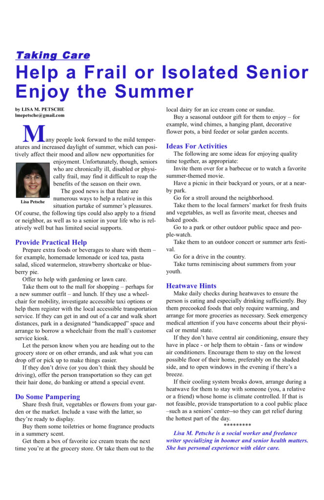 Article on helping seniors enjoy summer.