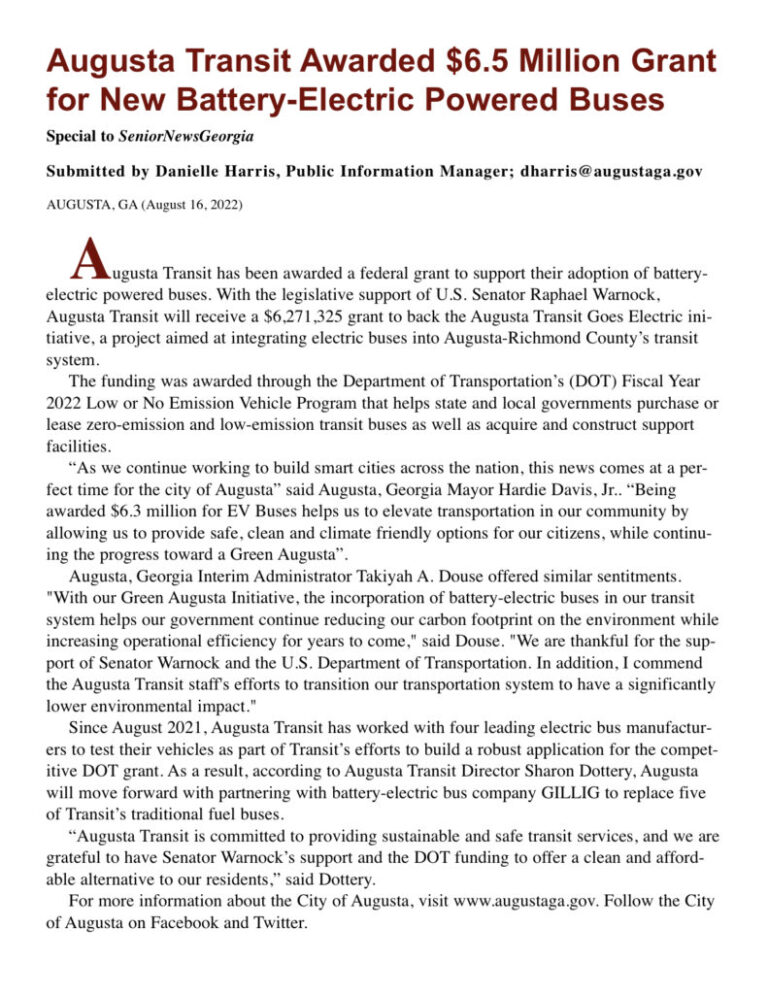 Article on Augusta Transit grant for electric buses.