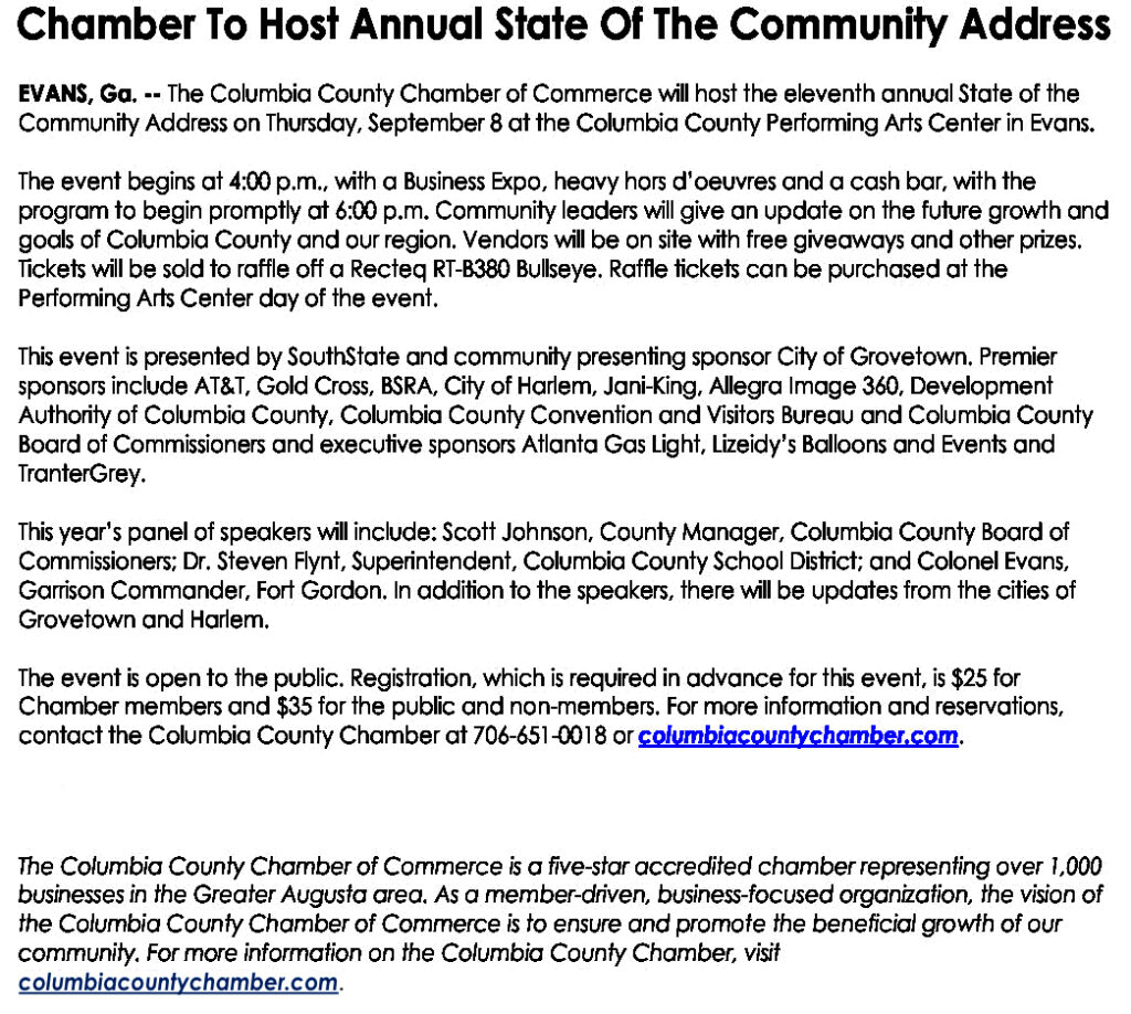 Flyer for community address event in Evans.