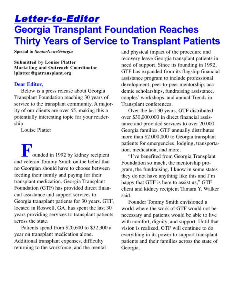 Letter highlighting Georgia Transplant Foundation's 30th anniversary.