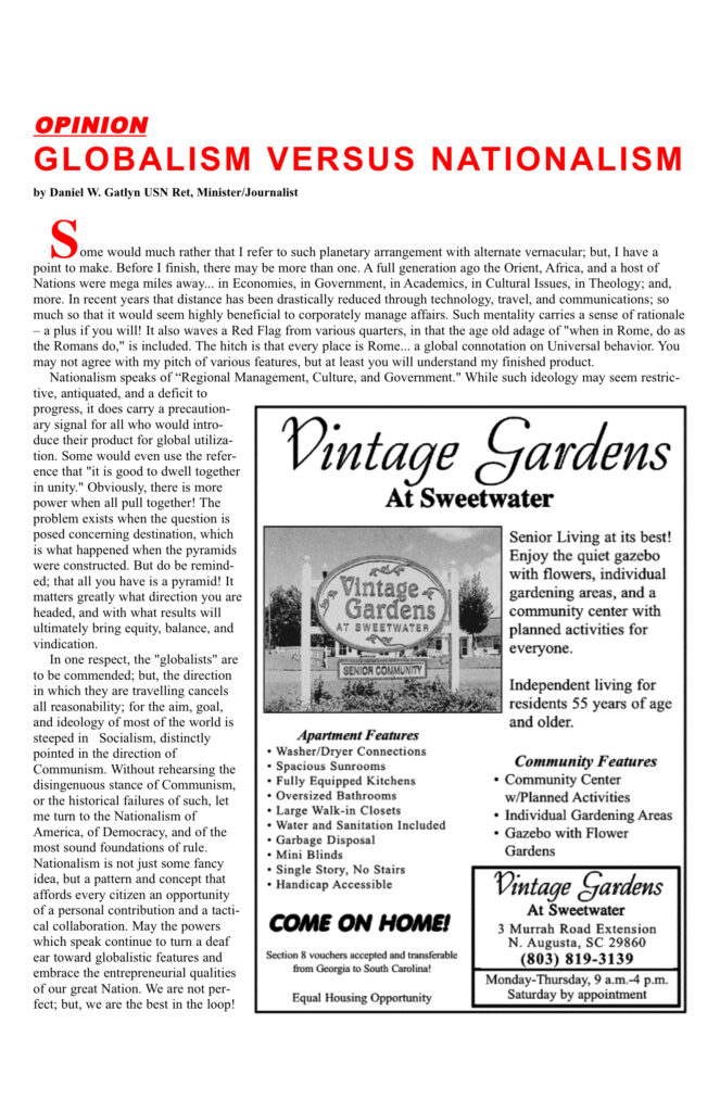 Magazine page discussing globalism versus nationalism.