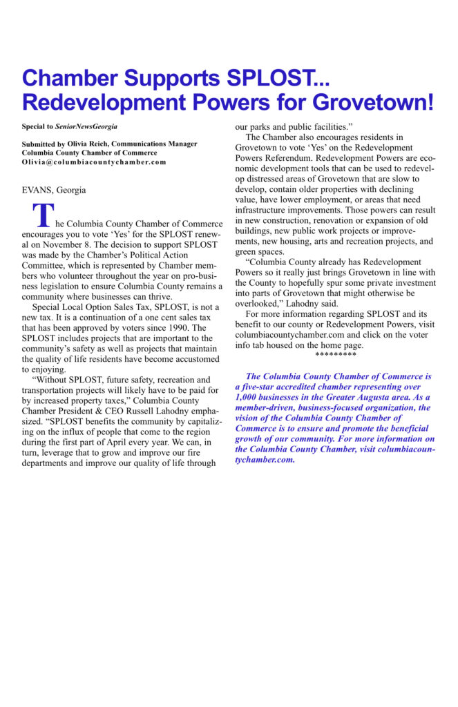 Chamber supports SPLOST for Grovetown redevelopment.