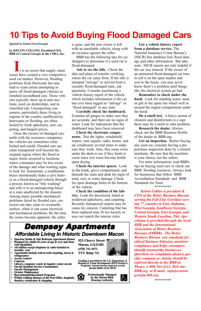 Article on avoiding flood-damaged car purchases.