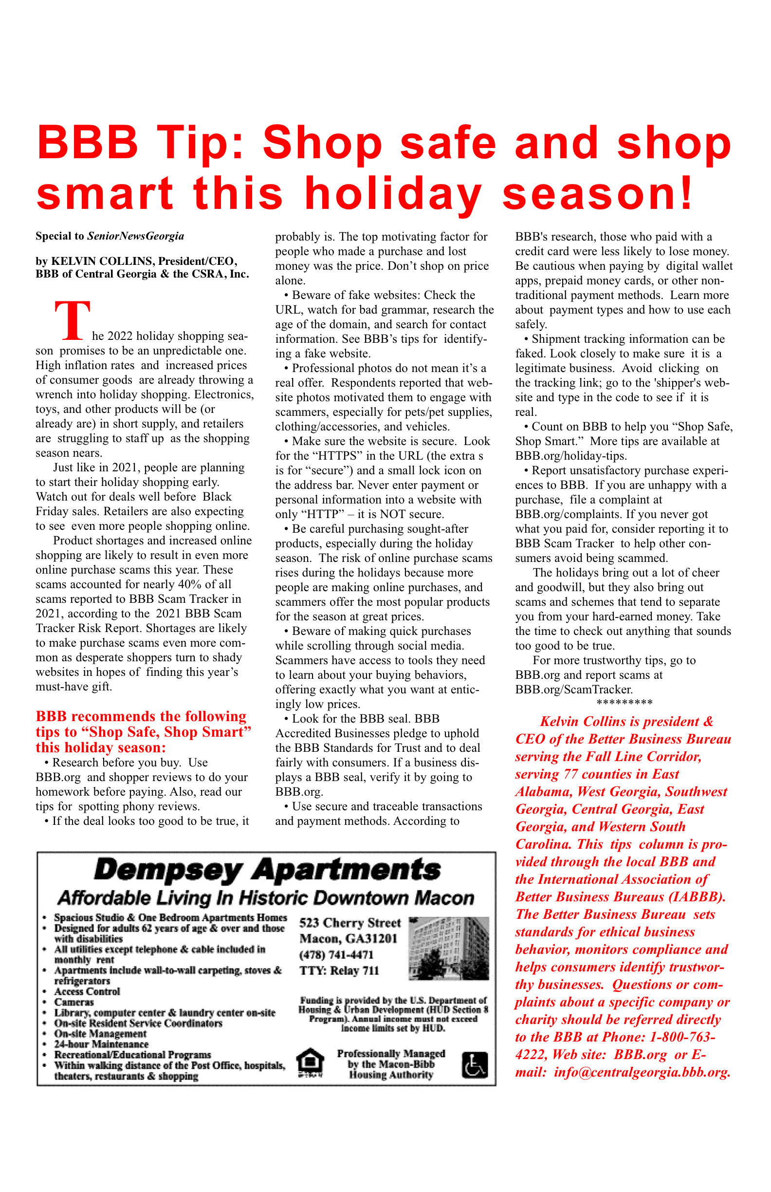 Article on holiday shopping safety tips.