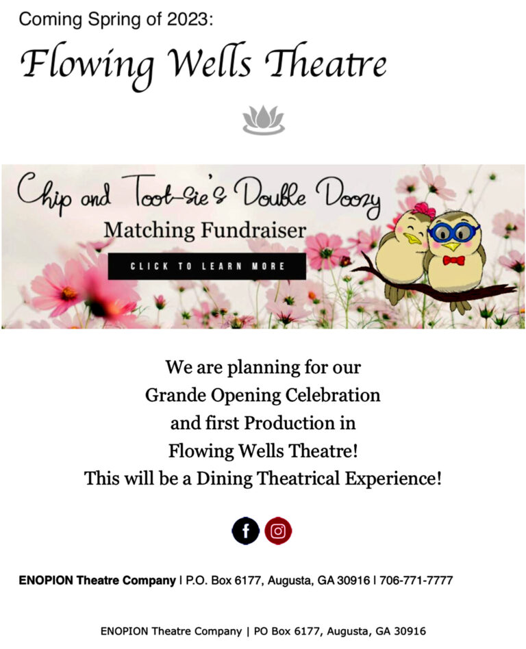 Theatre opening announcement with fundraiser details.