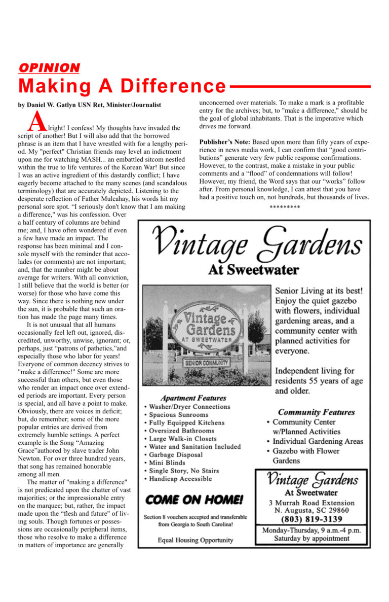 Magazine page with opinion article and advertisement.