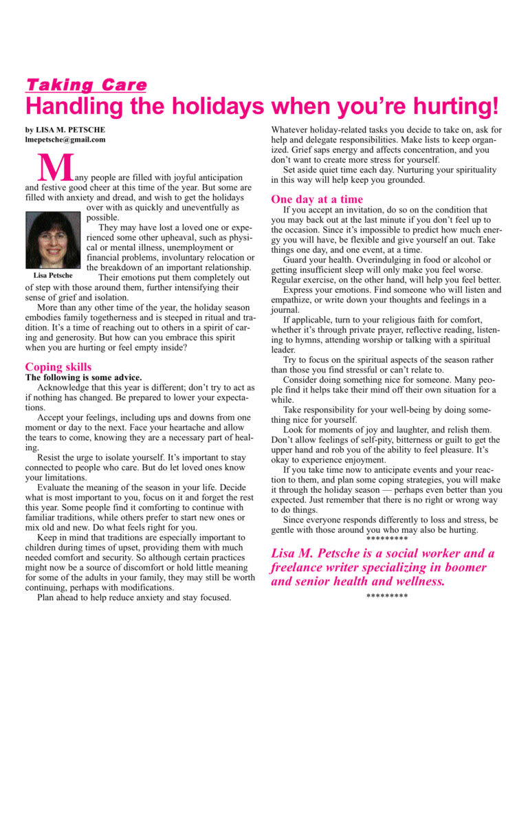 Article about handling holidays during difficult times.