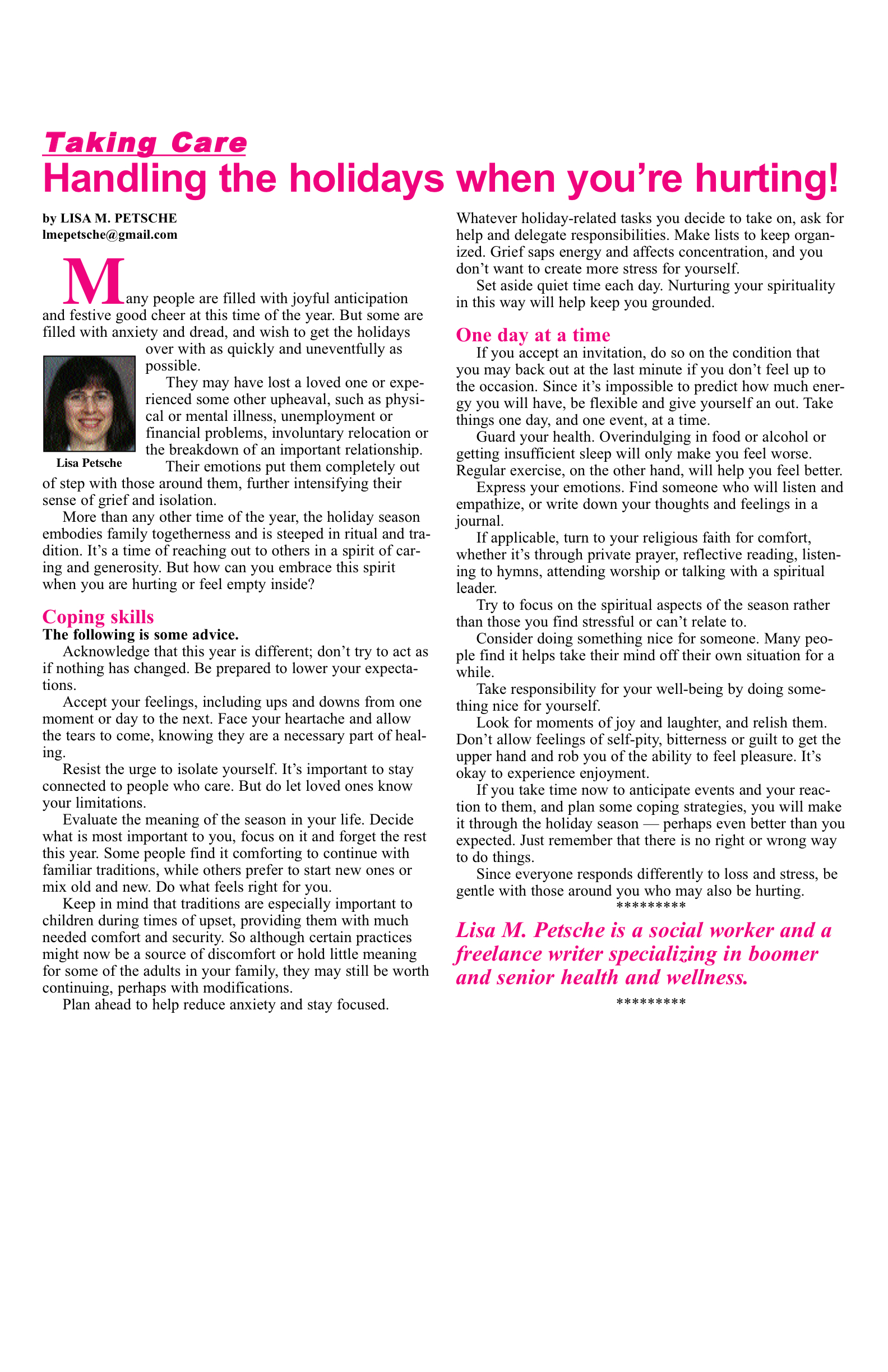 Article about handling holidays during difficult times.