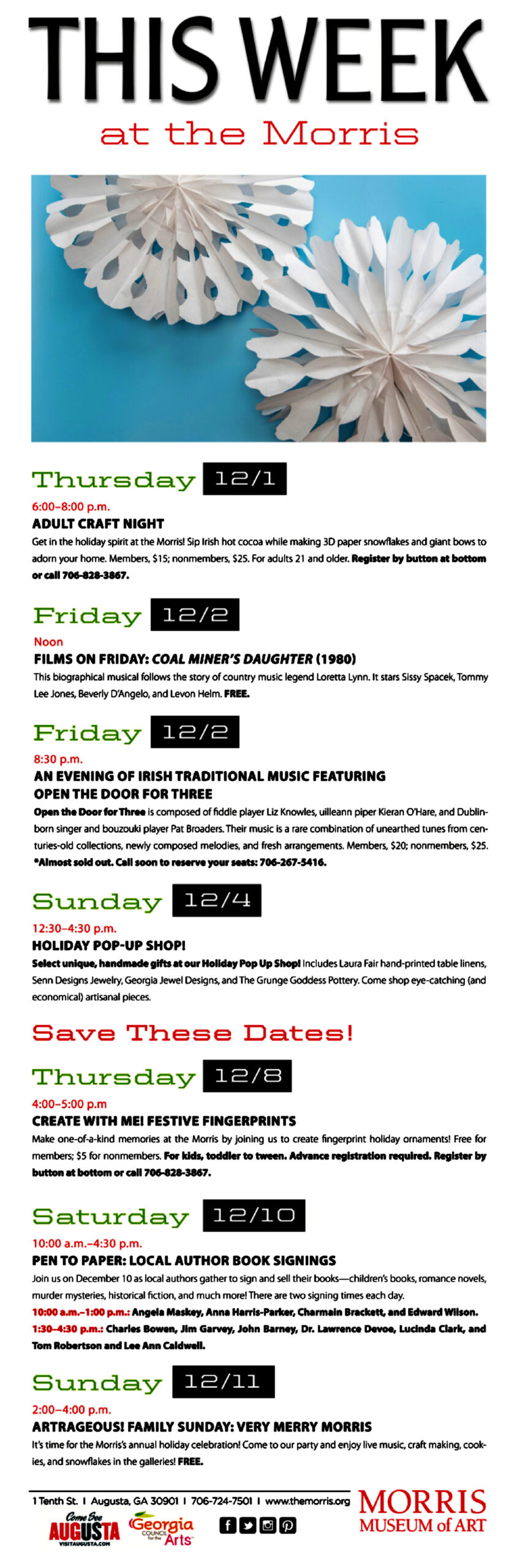 Weekly events schedule at the Morris Museum.