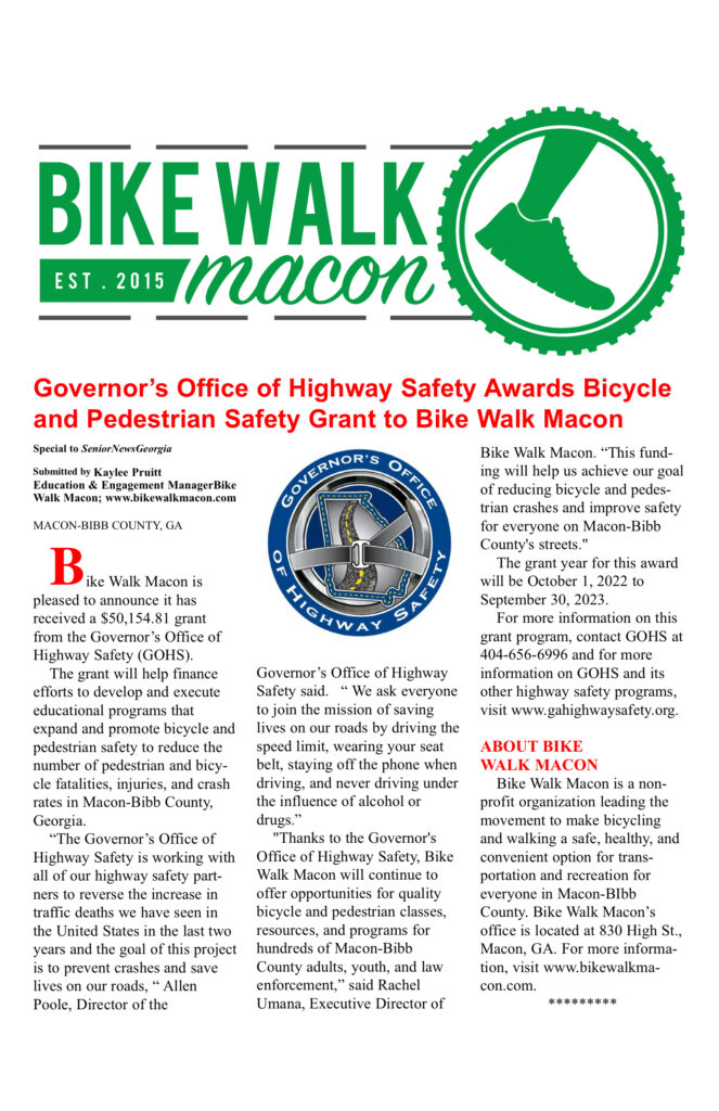 Bike Walk Macon safety grant announcement flyer.