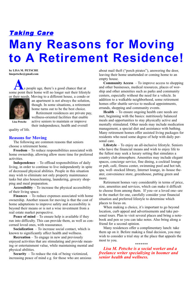 Article on moving to retirement residences.