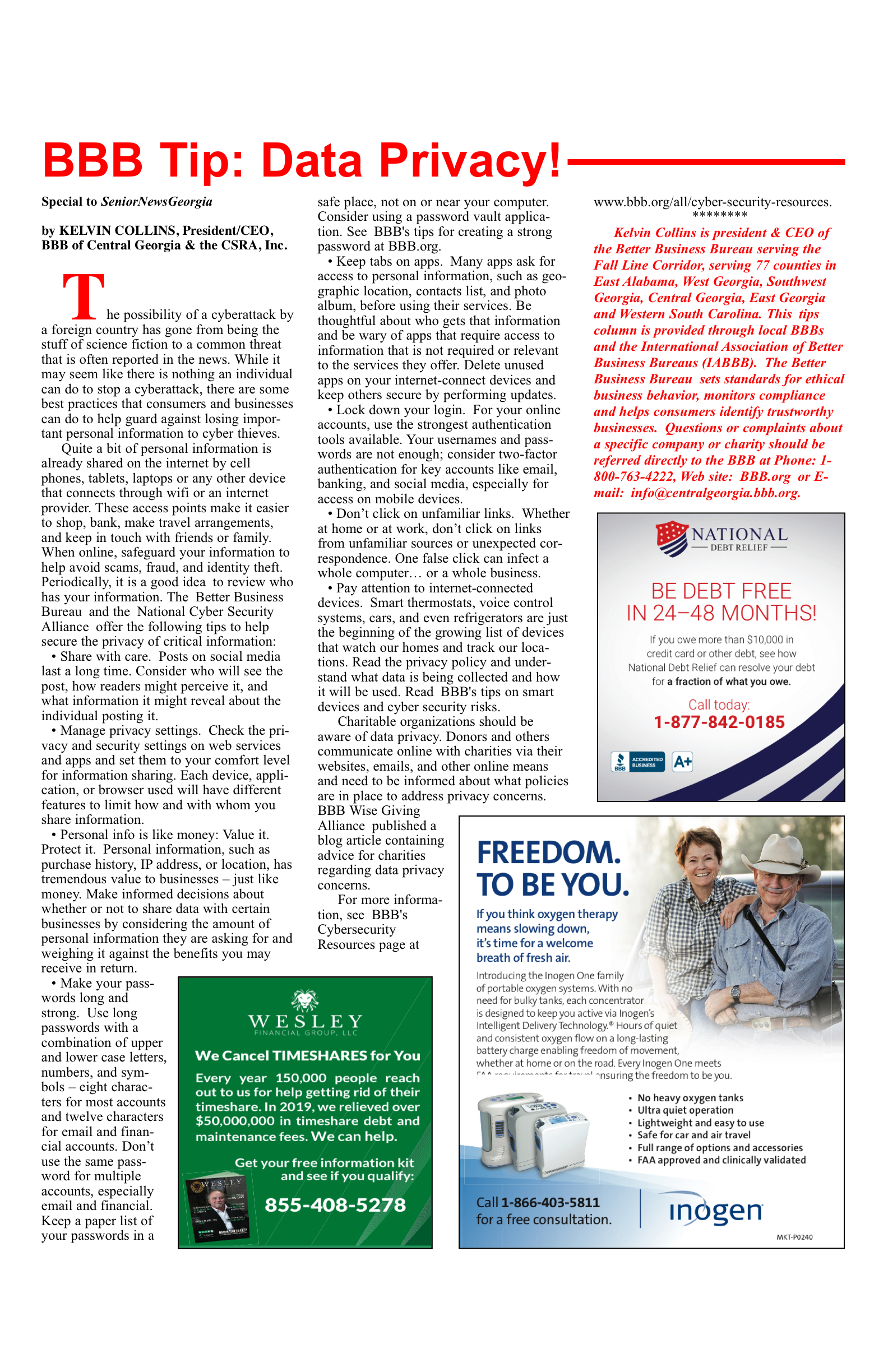 Newsletter page featuring articles and advertisements.