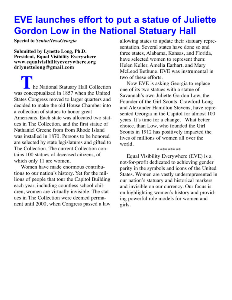 Text discussing statue effort for Juliette Gordon Low.