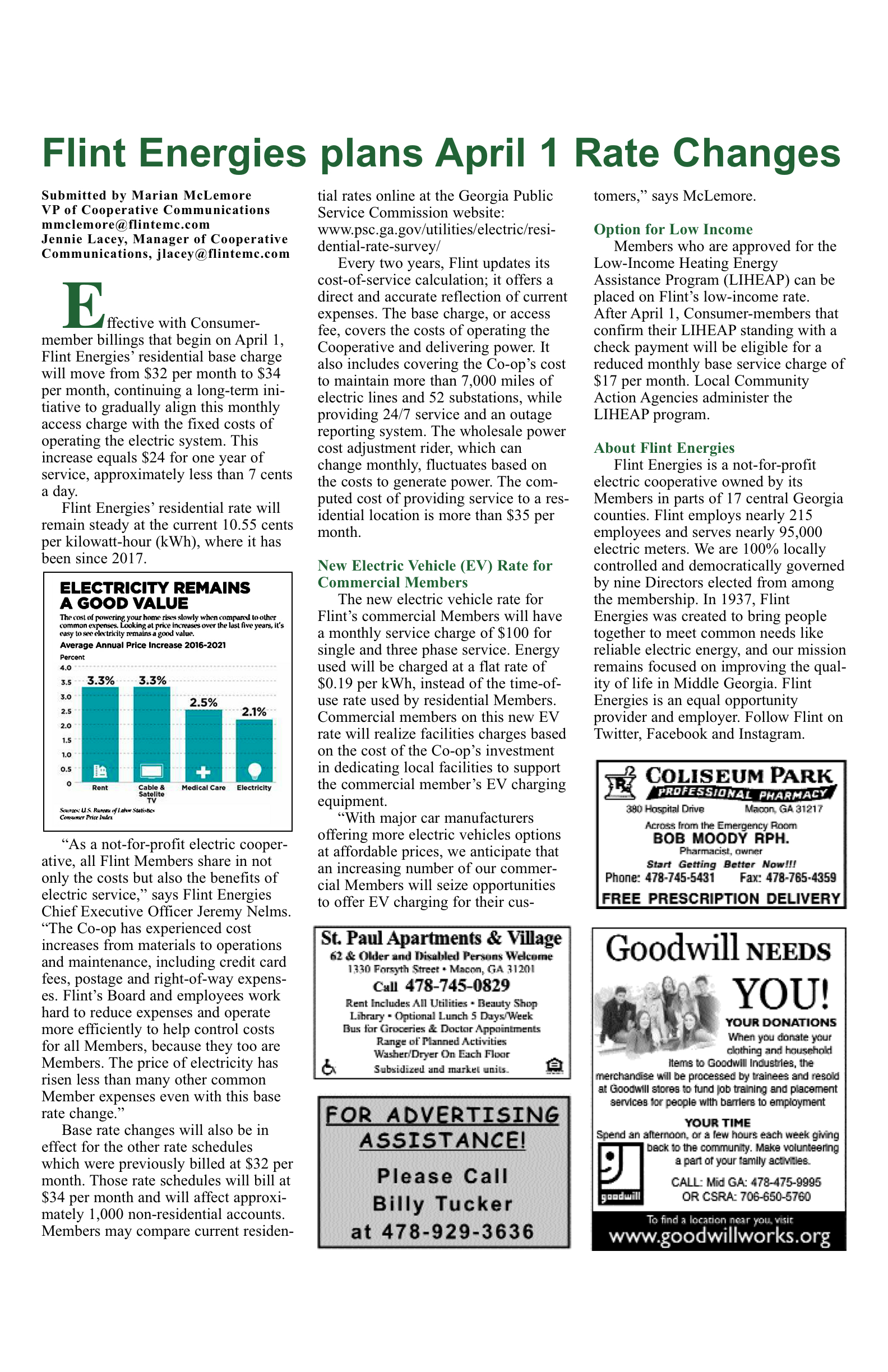 Newsletter detailing Flint Energies rate changes announcement.