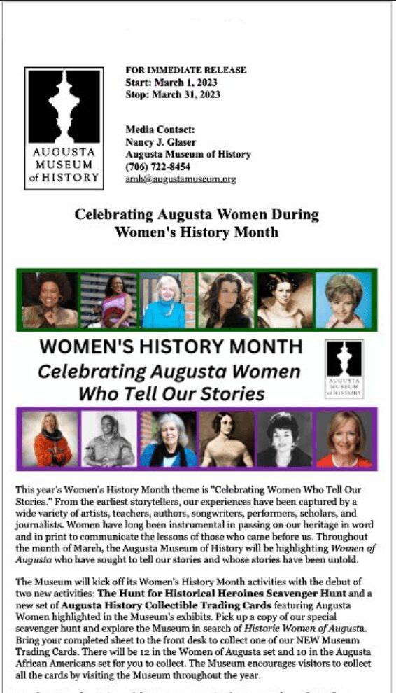 Augusta Museum celebrating Women's History Month event.