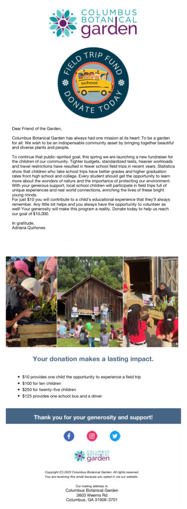 Columbus Botanical Garden field trip donation flyer.
