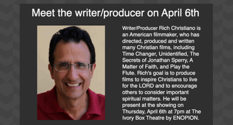 Man promoting Christian films event April 6th.