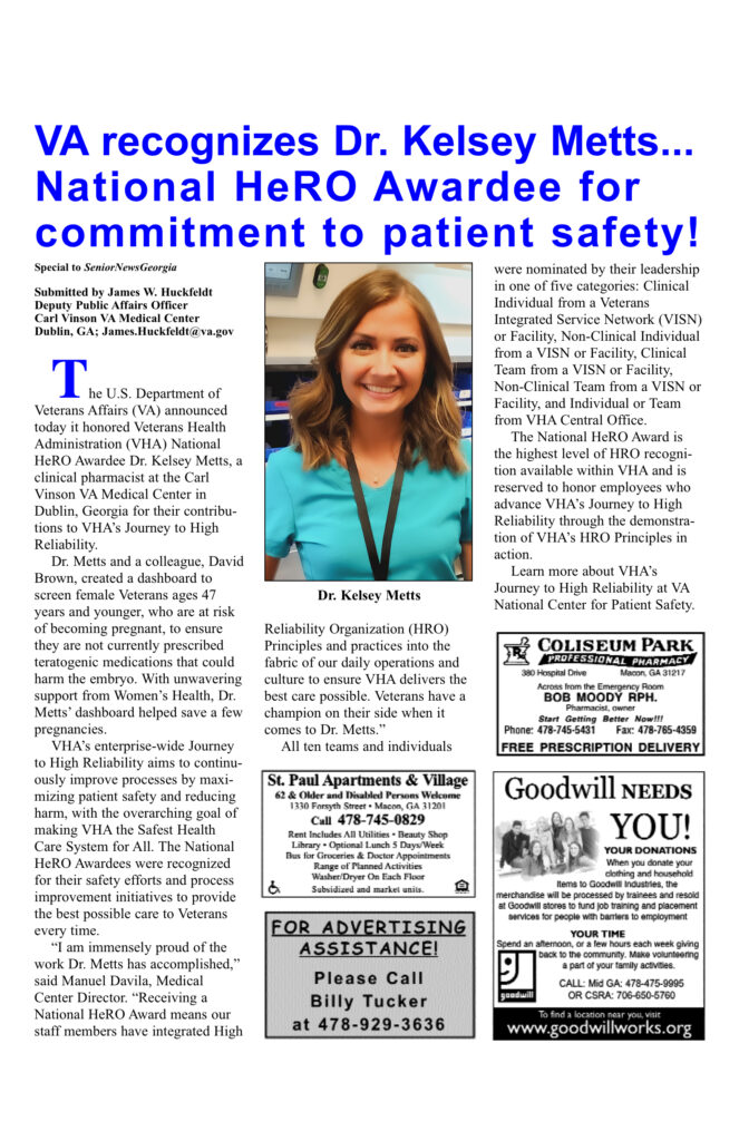 Newspaper article highlighting Dr. Kelsey Metts.