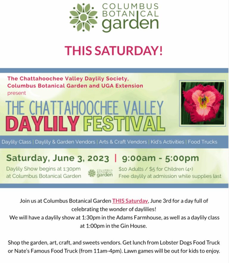 Daylily festival announcement at botanical garden.