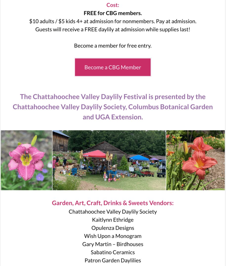 Daylily festival scene with tents and flowers