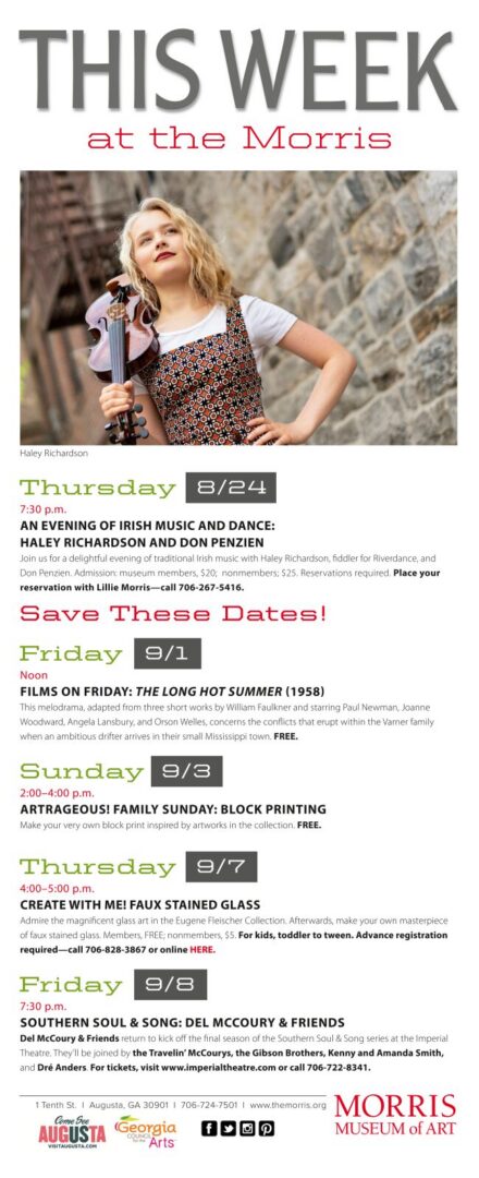 Museum event schedule with woman holding flowers.