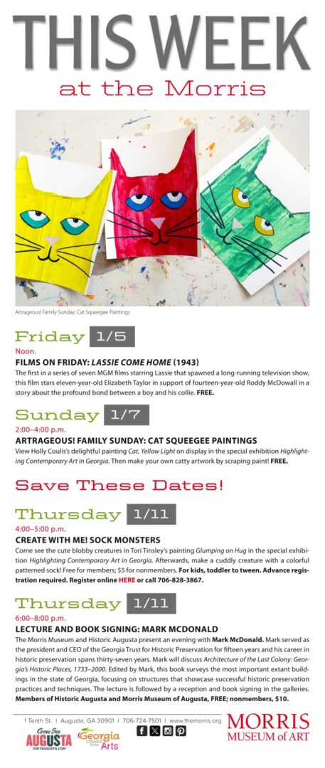Museum event schedule with colorful cat artworks.