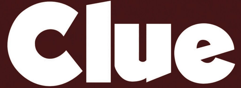 Clue logo on maroon background.