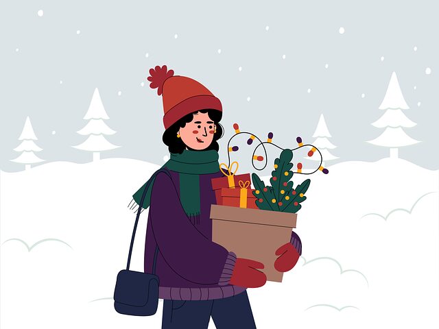 Person carrying holiday gifts in snowy landscape.