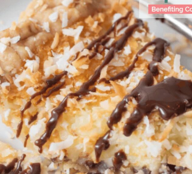 Dessert topped with coconut and chocolate drizzle.