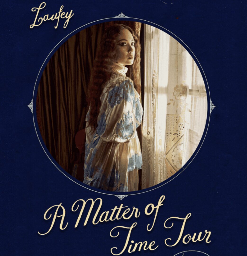 Woman in vintage dress by window, tour poster.