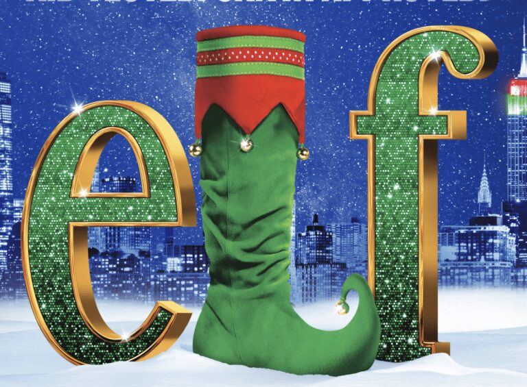 Sparkling "elf" text with a green boot.