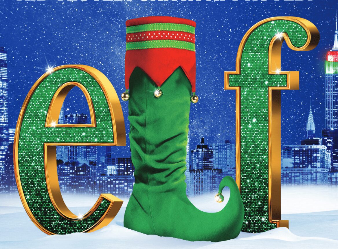 Sparkling "elf" text with a green boot.