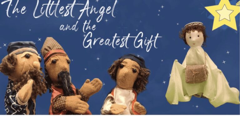 Puppet nativity scene with angel and star.