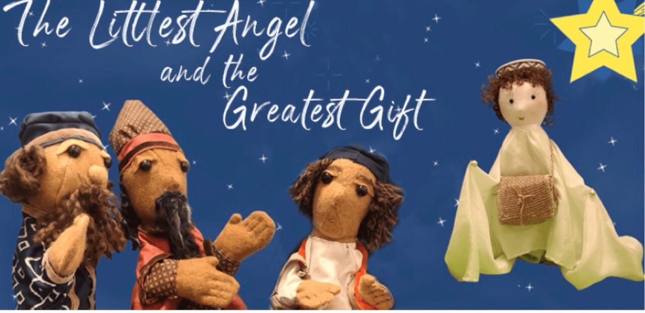 Puppet nativity scene with angel and star.