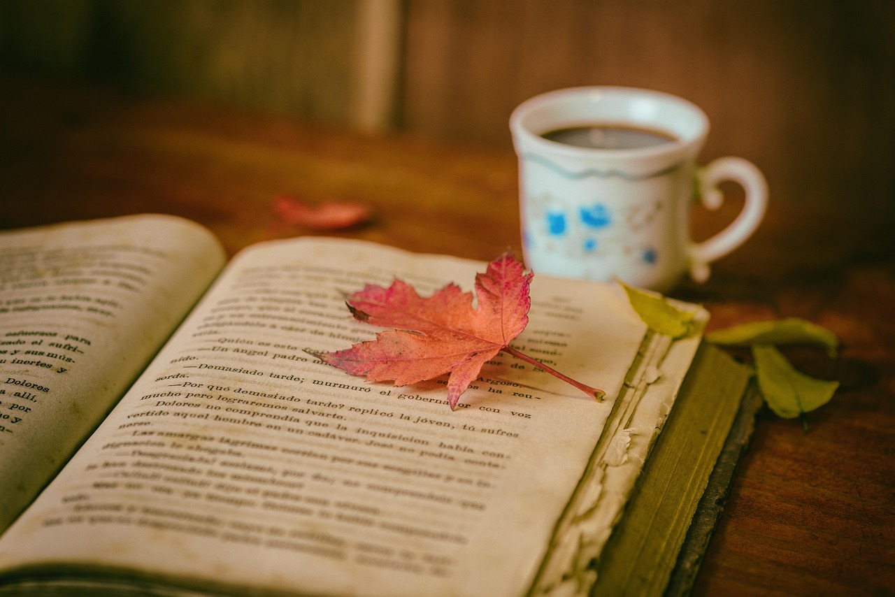 leaves, coffee, cup, still life, coffee cup, book, reading, leisure, hobby, read, open book, nature, bookworm