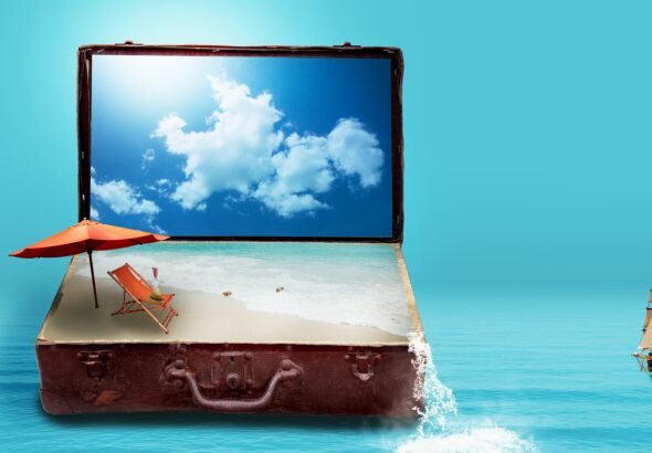 fantasy, to travel, travel, vacations, suitcase, sea, beach, luggage, dreams, nature, holiday plans, travel plans, surreal, imagination, image montage