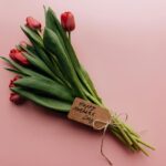 Elegant bouquet of red tulips with 'Happy Mother's Day' tag on pink background, perfect for celebrating Motherhood.