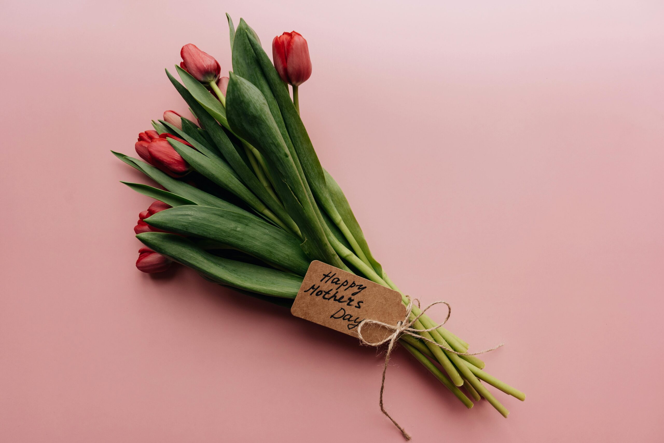 Elegant bouquet of red tulips with 'Happy Mother's Day' tag on pink background, perfect for celebrating Motherhood.